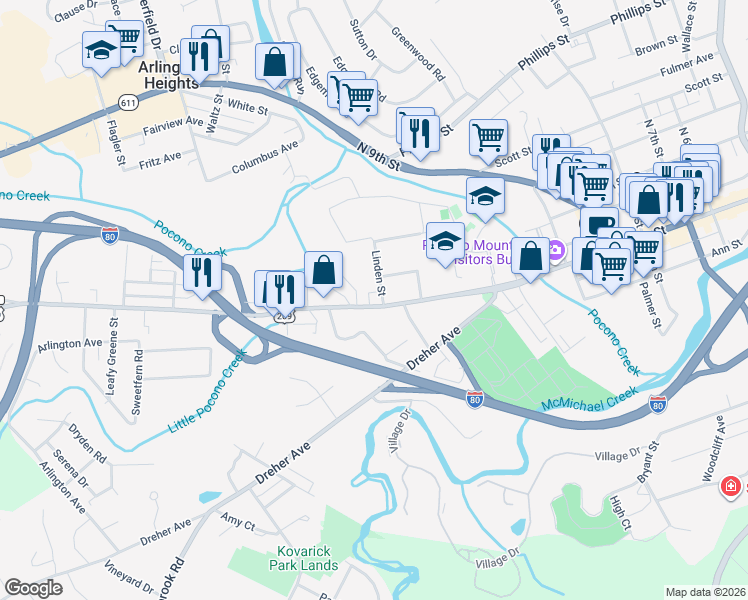 map of restaurants, bars, coffee shops, grocery stores, and more near 1140 West Main Street in Stroudsburg