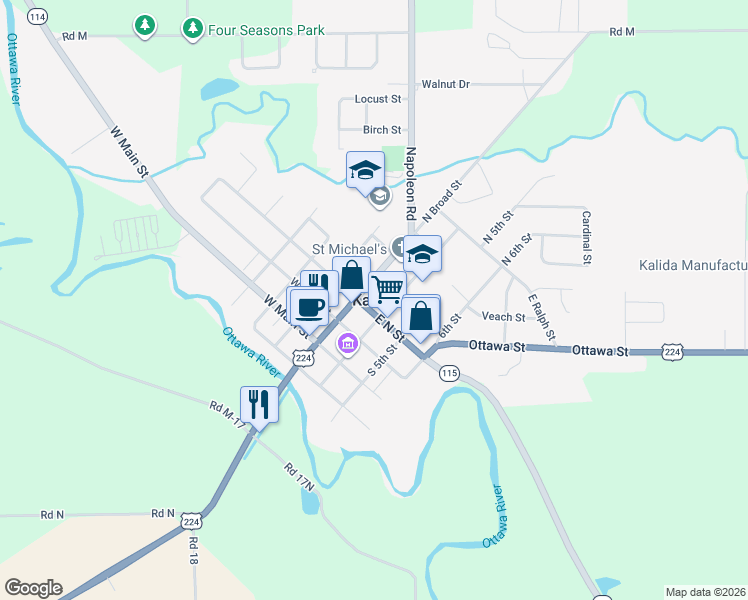 map of restaurants, bars, coffee shops, grocery stores, and more near in Kalida