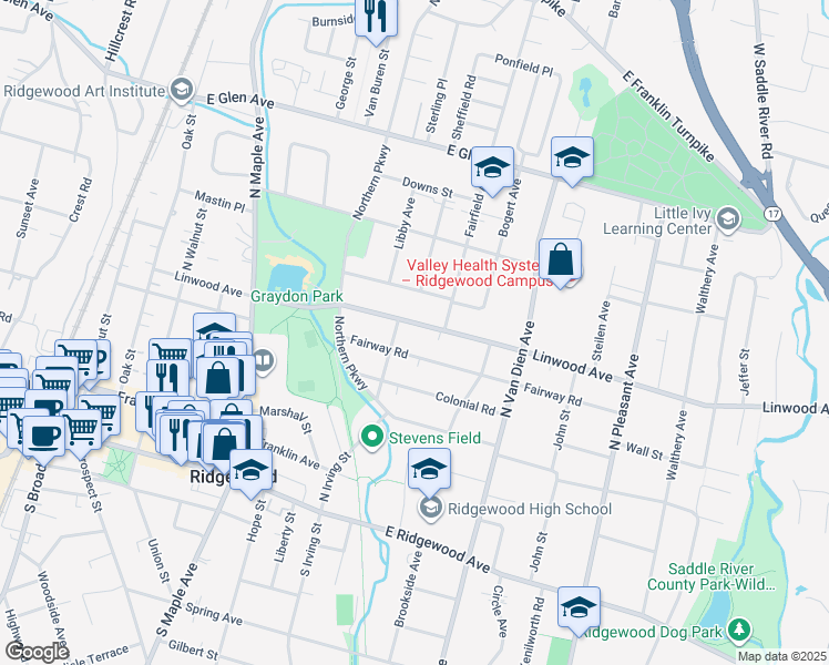 map of restaurants, bars, coffee shops, grocery stores, and more near 414 Linwood Avenue in Ridgewood