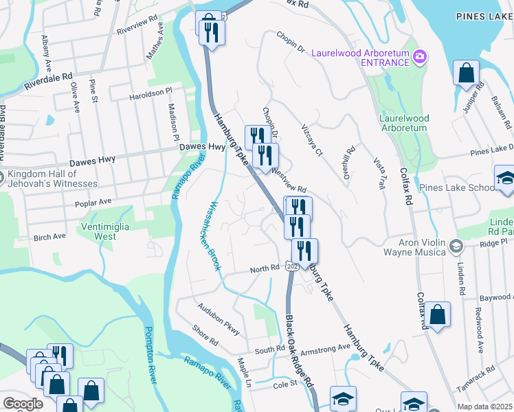 map of restaurants, bars, coffee shops, grocery stores, and more near 131 Bunker Hill Road in Wayne