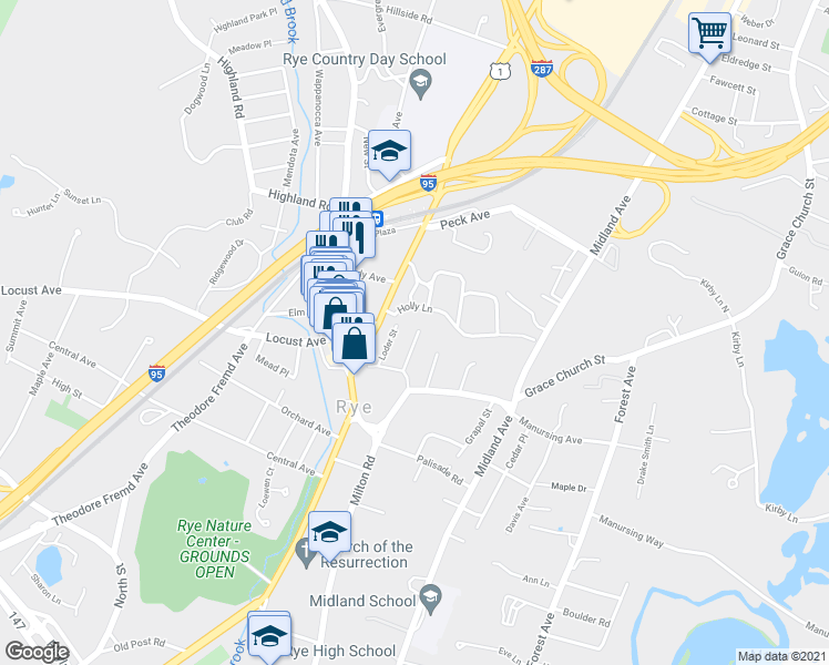 map of restaurants, bars, coffee shops, grocery stores, and more near 25 Greenleaf Street in Rye