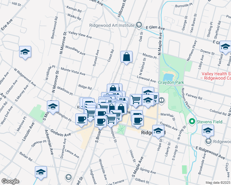 map of restaurants, bars, coffee shops, grocery stores, and more near 120 Chestnut Street in Ridgewood
