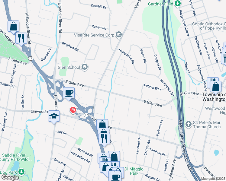 map of restaurants, bars, coffee shops, grocery stores, and more near 947 East Glen Avenue in Ridgewood