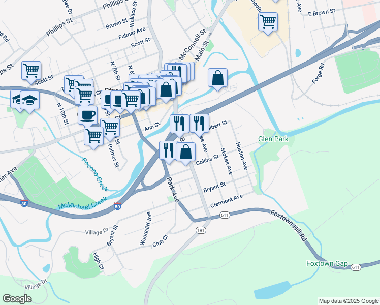 map of restaurants, bars, coffee shops, grocery stores, and more near 80 Pennsylvania 191 in Stroudsburg