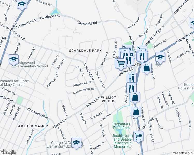 map of restaurants, bars, coffee shops, grocery stores, and more near 52 Dorchester Road in Scarsdale