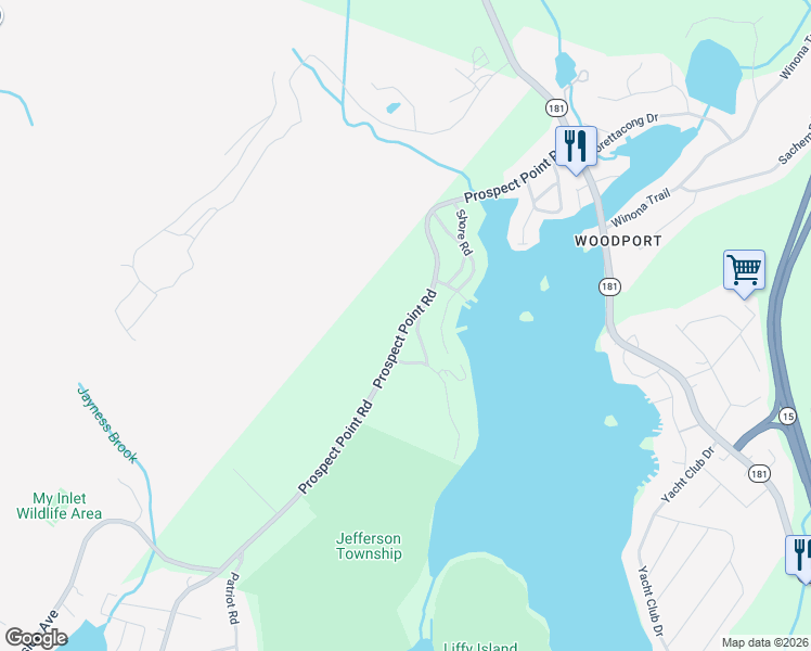 map of restaurants, bars, coffee shops, grocery stores, and more near 198 Prospect Point Road in Jefferson