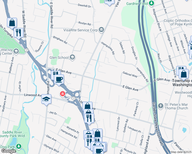 map of restaurants, bars, coffee shops, grocery stores, and more near 947 East Glen Avenue in Ridgewood
