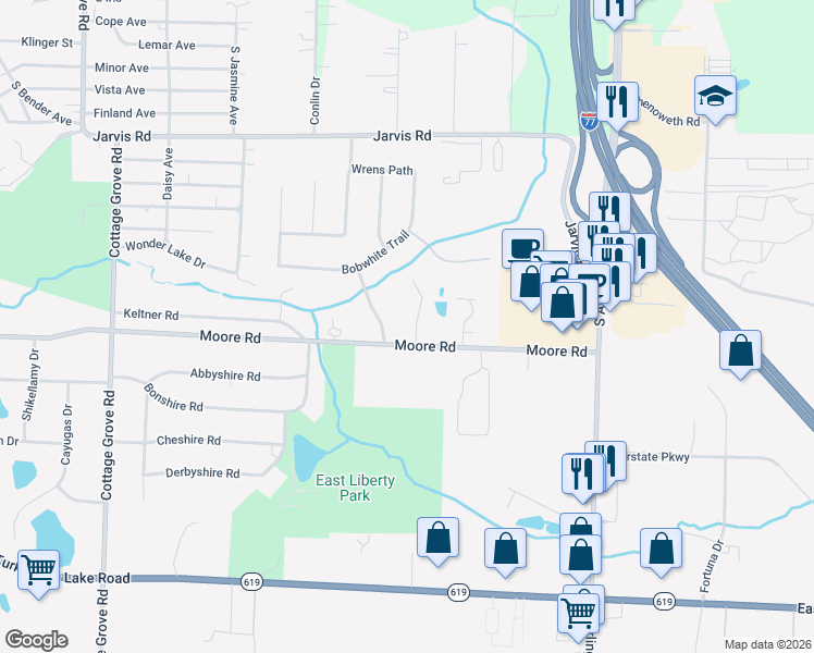 map of restaurants, bars, coffee shops, grocery stores, and more near 3243 Robins Trace in Akron