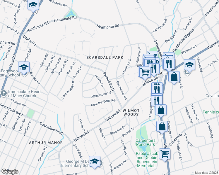 map of restaurants, bars, coffee shops, grocery stores, and more near 80 Baraud Road North in Scarsdale
