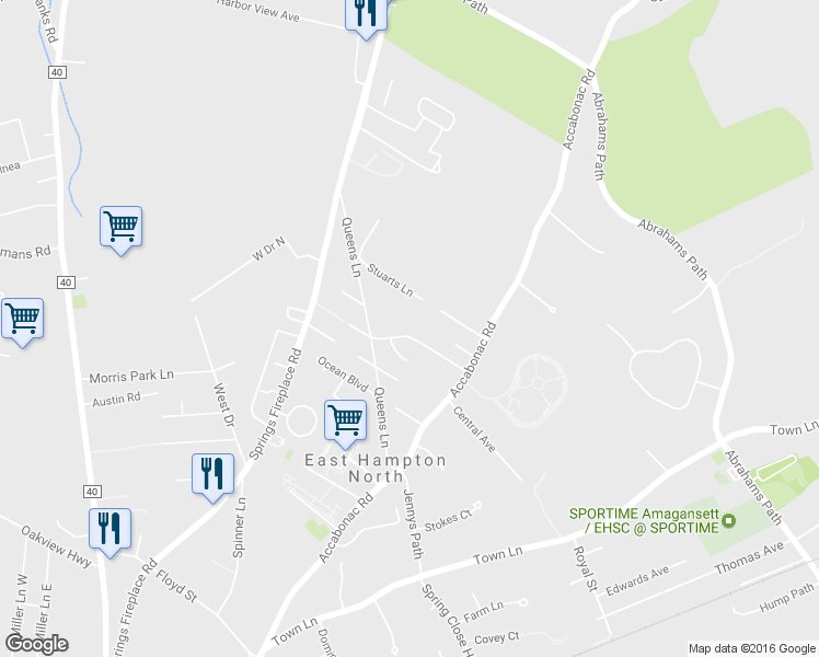 map of restaurants, bars, coffee shops, grocery stores, and more near 12 Amagansett Drive East in East Hampton