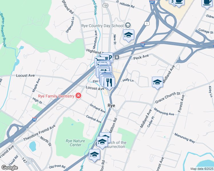 map of restaurants, bars, coffee shops, grocery stores, and more near 36 New York 120 in Rye