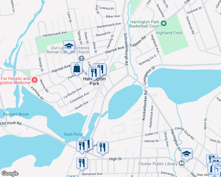 map of restaurants, bars, coffee shops, grocery stores, and more near 106 Schraalenburgh Road in Harrington Park
