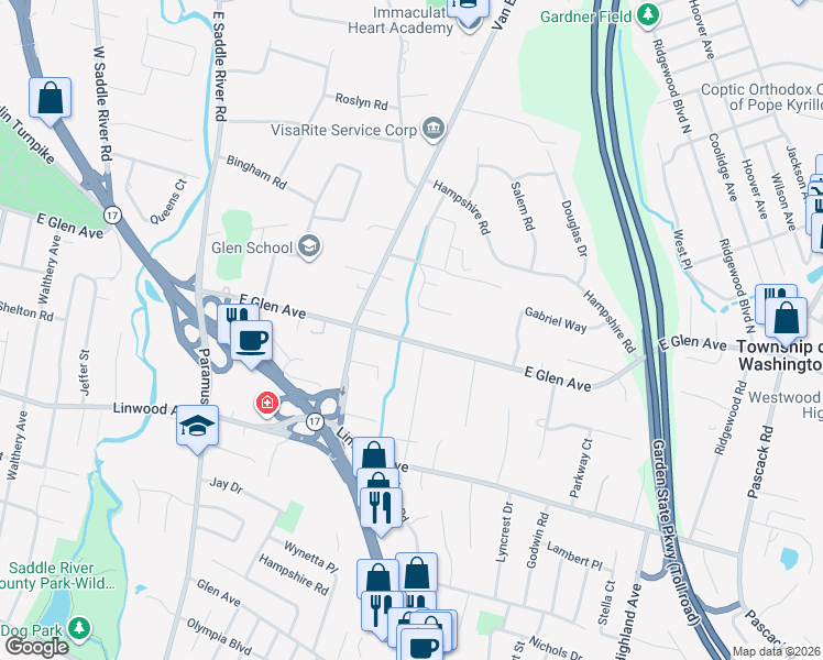map of restaurants, bars, coffee shops, grocery stores, and more near 947 East Glen Avenue in Ridgewood
