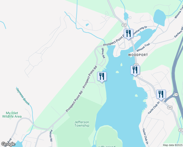 map of restaurants, bars, coffee shops, grocery stores, and more near 198 Prospect Point Road in Jefferson
