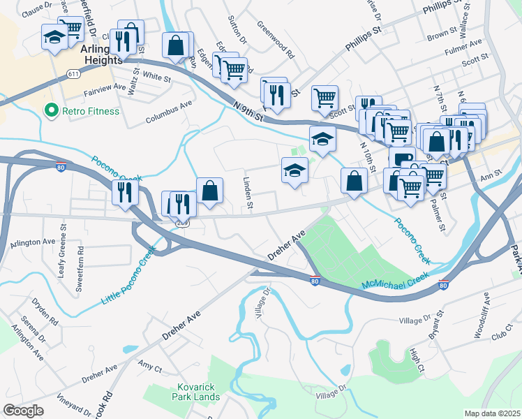 map of restaurants, bars, coffee shops, grocery stores, and more near 1140 West Main Street in Stroudsburg