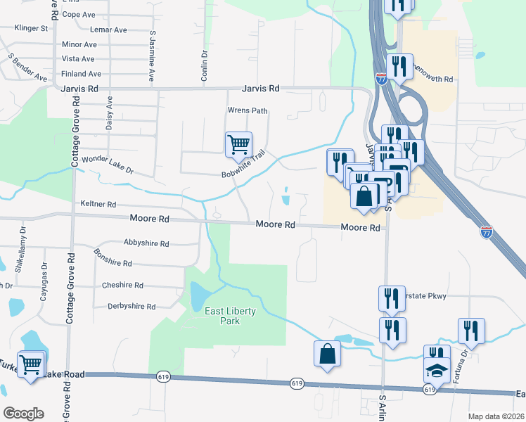 map of restaurants, bars, coffee shops, grocery stores, and more near 3243 Robins Trace in Akron