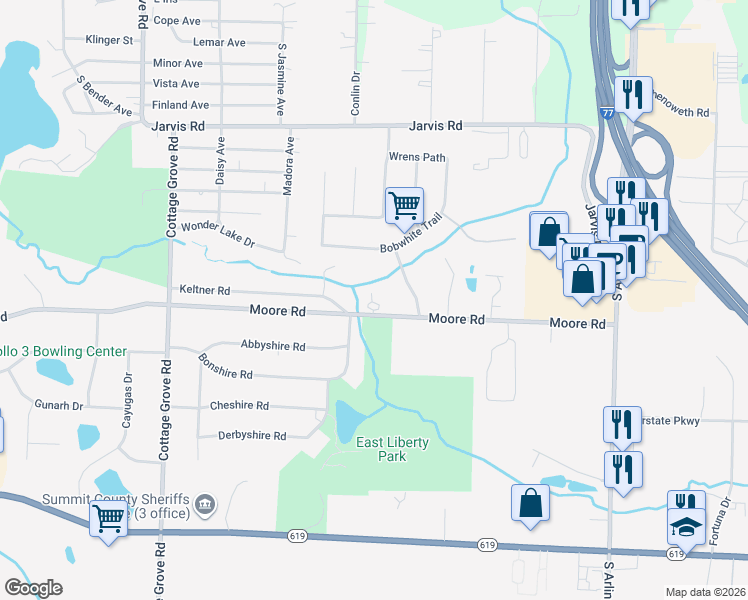 map of restaurants, bars, coffee shops, grocery stores, and more near 525 Moore Road in Akron