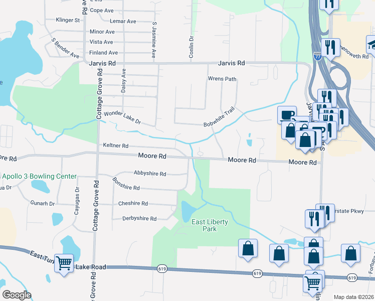 map of restaurants, bars, coffee shops, grocery stores, and more near 525 Moore Road in Akron