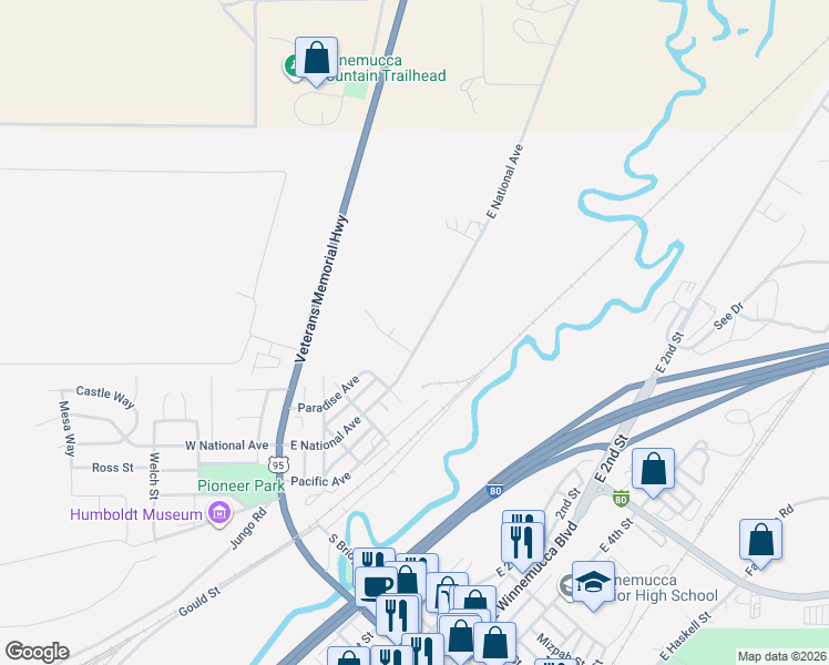map of restaurants, bars, coffee shops, grocery stores, and more near 761 East National Avenue in Winnemucca