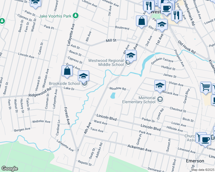map of restaurants, bars, coffee shops, grocery stores, and more near 284 4th Avenue in Westwood