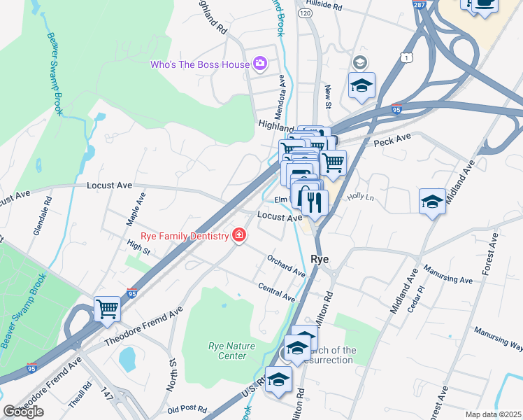 map of restaurants, bars, coffee shops, grocery stores, and more near 69 Theodore Fremd Avenue in Rye