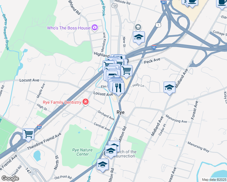 map of restaurants, bars, coffee shops, grocery stores, and more near 36 New York 120 in Rye