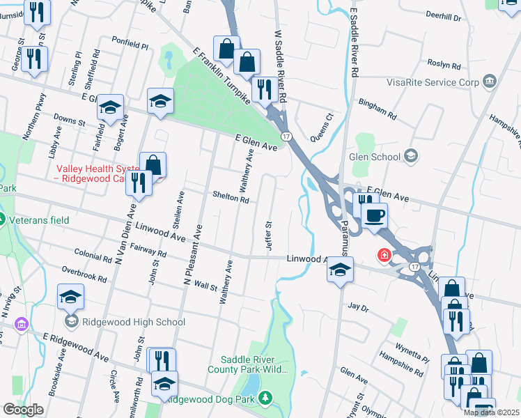 map of restaurants, bars, coffee shops, grocery stores, and more near 267 Pershing Ave in Ridgewood