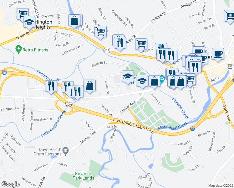 map of restaurants, bars, coffee shops, grocery stores, and more near 1122 West Main Street in Stroudsburg