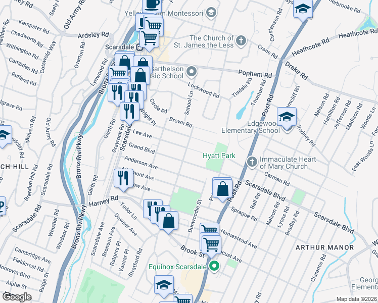 map of restaurants, bars, coffee shops, grocery stores, and more near 108 Lee Road in Scarsdale