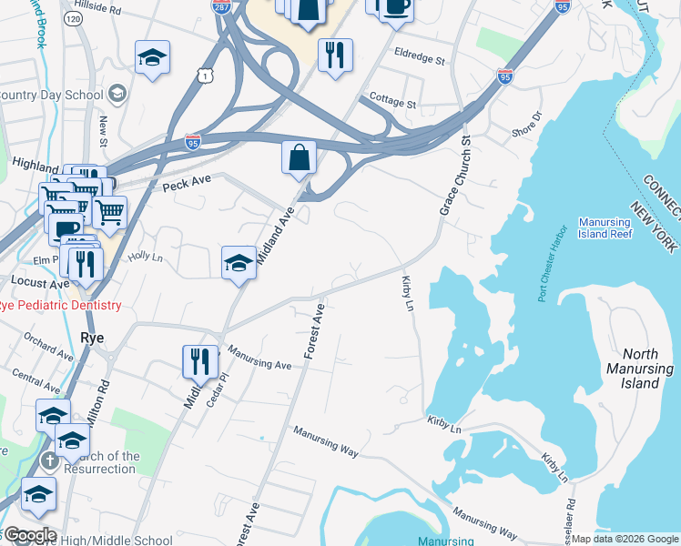 map of restaurants, bars, coffee shops, grocery stores, and more near 275 Grace Church Street in Rye