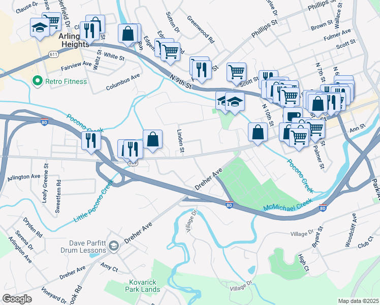 map of restaurants, bars, coffee shops, grocery stores, and more near 1130 West Main Street in Stroudsburg