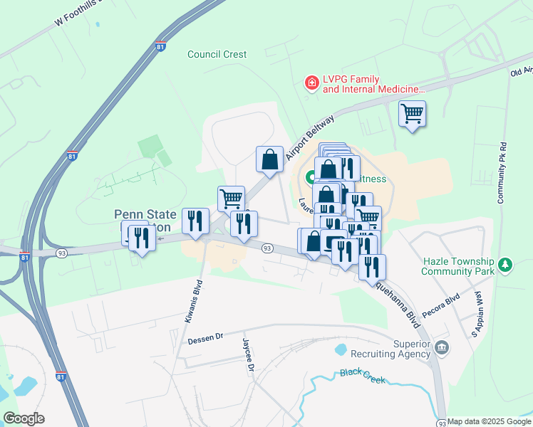 map of restaurants, bars, coffee shops, grocery stores, and more near 24 South Hollywood Boulevard in Hazleton