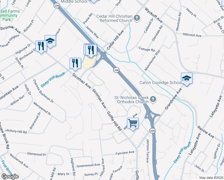 map of restaurants, bars, coffee shops, grocery stores, and more near 238 Barnstable Drive in Wyckoff