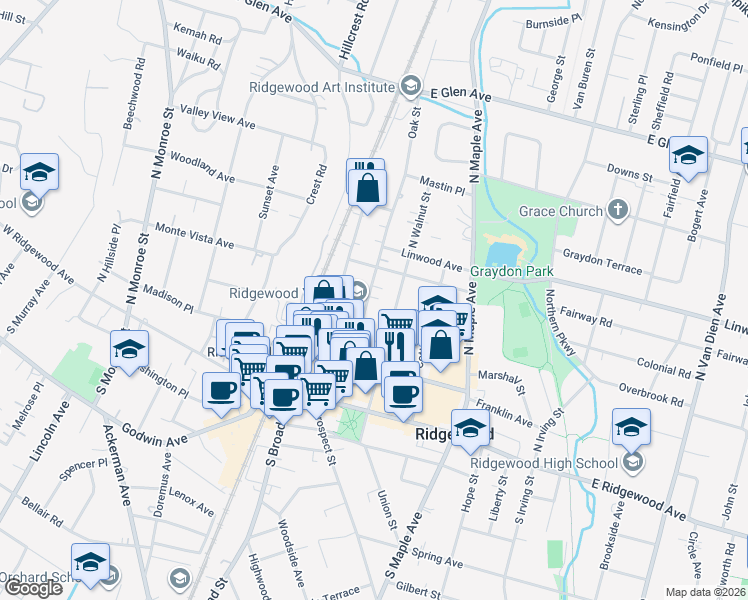 map of restaurants, bars, coffee shops, grocery stores, and more near 131 Oak Street in Ridgewood