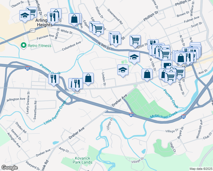 map of restaurants, bars, coffee shops, grocery stores, and more near 1140 West Main Street in Stroudsburg