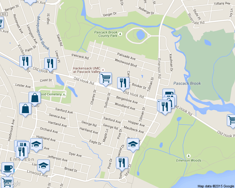 map of restaurants, bars, coffee shops, grocery stores, and more near 285 Old Hook Rd in Westwood