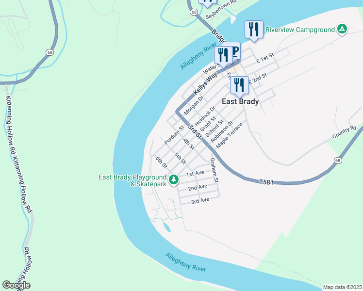 map of restaurants, bars, coffee shops, grocery stores, and more near 804 Grant Street in East Brady