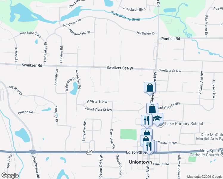 map of restaurants, bars, coffee shops, grocery stores, and more near 13568 Christine Circle in Uniontown