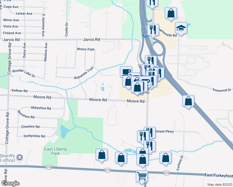 map of restaurants, bars, coffee shops, grocery stores, and more near 693 Moore Road in Akron