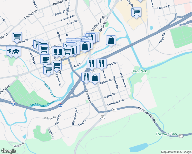 map of restaurants, bars, coffee shops, grocery stores, and more near 74 Broad Street in Stroudsburg