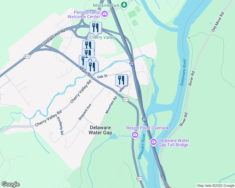 map of restaurants, bars, coffee shops, grocery stores, and more near 2 Main Street in Delaware Water Gap