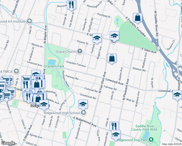 map of restaurants, bars, coffee shops, grocery stores, and more near 409 Linwood Avenue in Ridgewood