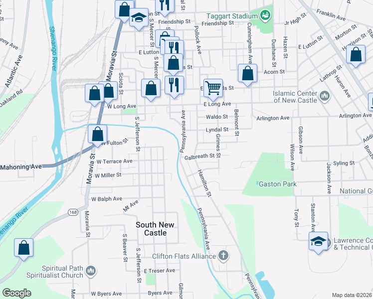 map of restaurants, bars, coffee shops, grocery stores, and more near 1607 Pennsylvania Avenue in New Castle