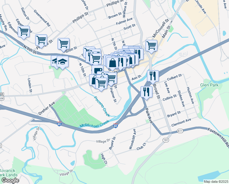 map of restaurants, bars, coffee shops, grocery stores, and more near 111 S 8th St in Stroudsburg