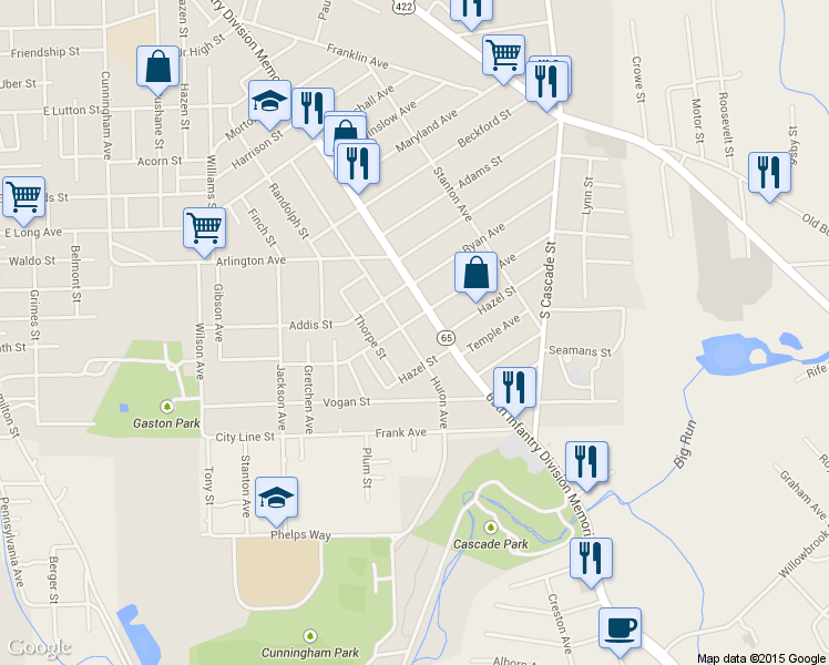 map of restaurants, bars, coffee shops, grocery stores, and more near 1605 Huron Avenue in New Castle