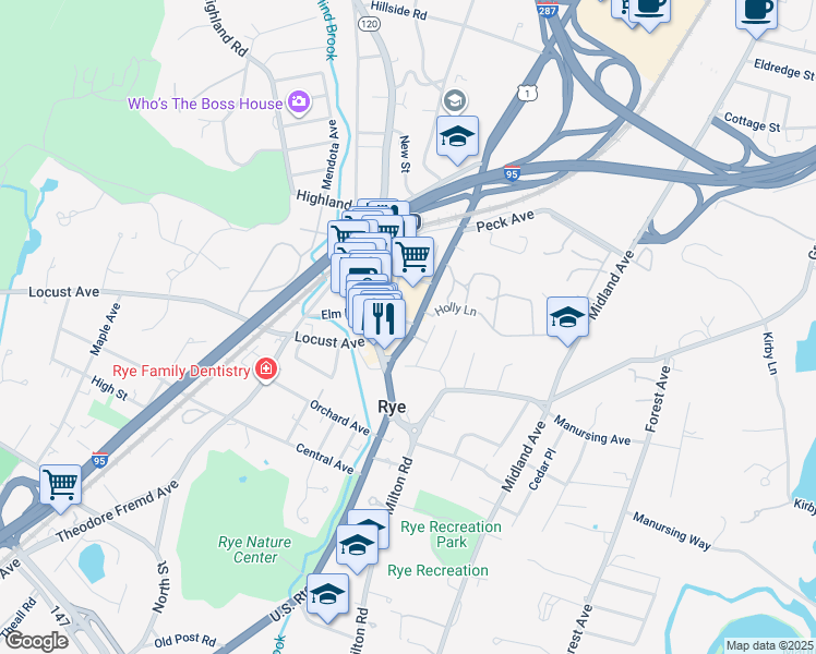 map of restaurants, bars, coffee shops, grocery stores, and more near 1097 Boston Post Road in Rye