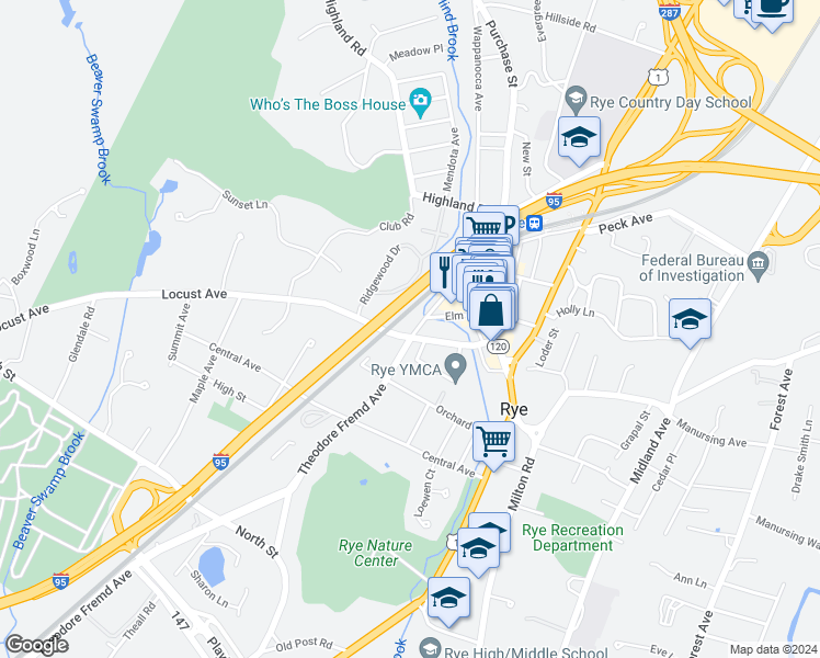 map of restaurants, bars, coffee shops, grocery stores, and more near 69 Theodore Fremd Avenue in Rye