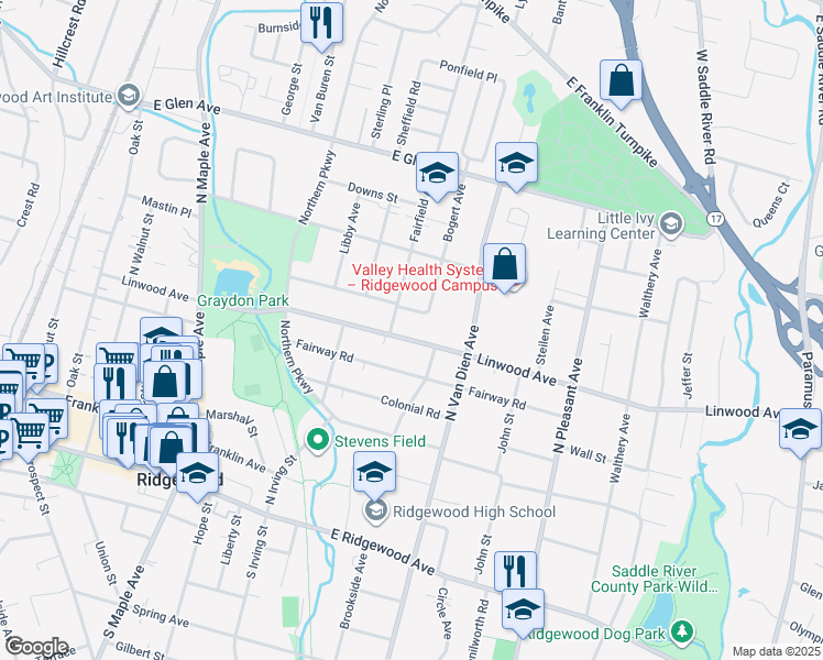 map of restaurants, bars, coffee shops, grocery stores, and more near 409 Linwood Avenue in Ridgewood