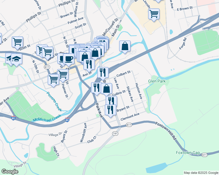 map of restaurants, bars, coffee shops, grocery stores, and more near 80 Pennsylvania 191 in Stroudsburg
