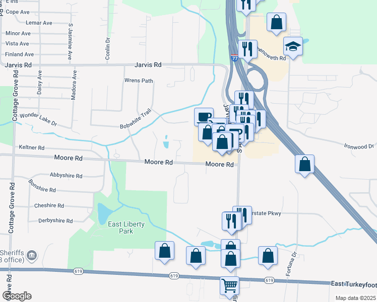 map of restaurants, bars, coffee shops, grocery stores, and more near 693 Moore Road in Akron